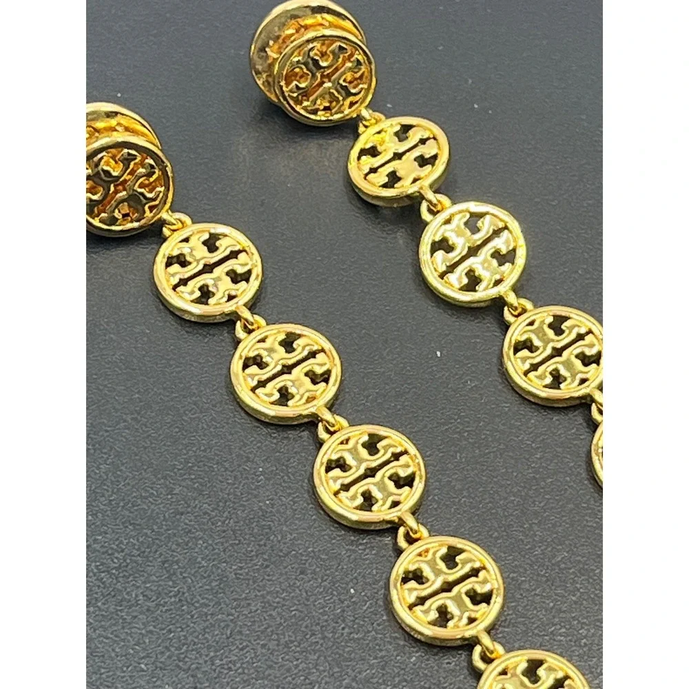 Tory Burch Gold Plated Logo Patchwork‎ Drop Linear Dangle Earrings With Backs